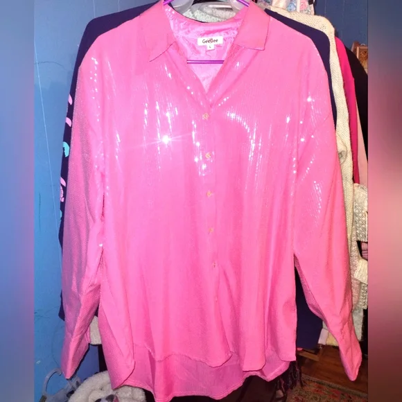 NWOT Pink Sequin Oversized Shacket - Picture 2 of 4